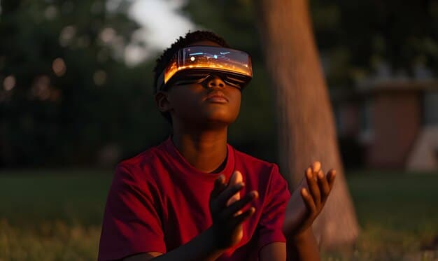 A young African-American student wearing an AR headset, studying a holographic projection of the solar system in her bedroom. The planets are realistically rendered, and she is reaching out to interact with them. Her room is tidy and well-lit, with elements of STEAM-related decor.