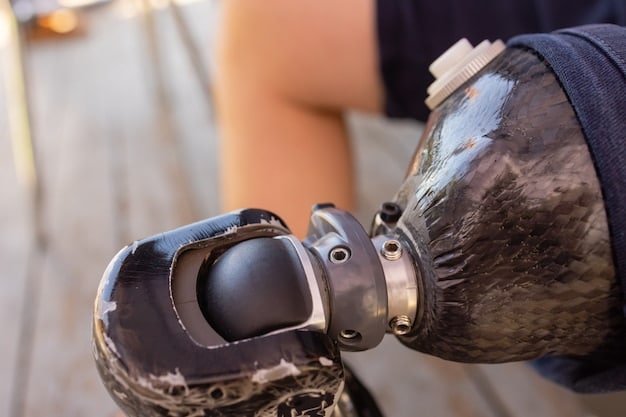 A close-up shot of a 3D printer creating a customized prosthetic limb. The prosthetic is partially completed, showcasing the intricate details and personalized design features. The background is a clean, modern workshop.