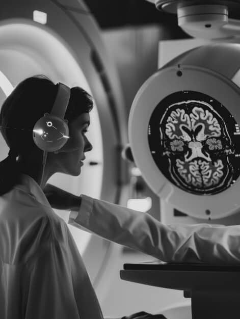 A close-up, detailed view of a Neuralink device being implanted into a human brain during surgery. The image should highlight the precision and complexity of the procedure.