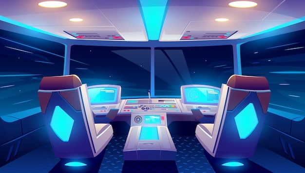 A detailed interior view of a futuristic spacecraft cabin, showing comfortable seating, large panoramic windows, and digital displays providing information and entertainment.