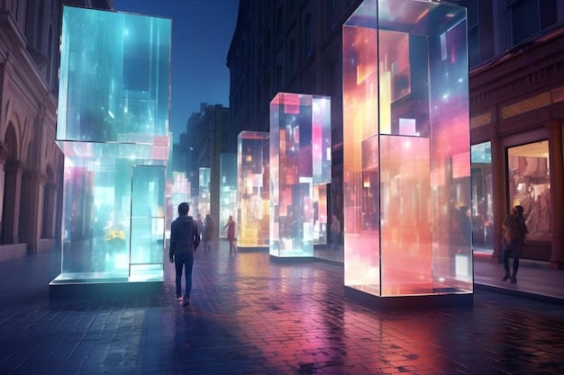 A futuristic cityscape within a metaverse environment, showcasing various businesses and virtual storefronts, with avatars interacting and engaging in commerce.