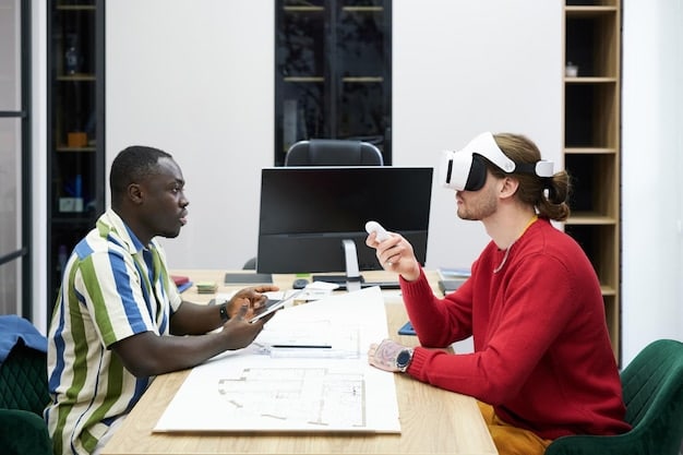 A team of developers working on a metaverse project, using advanced software and VR headsets in a collaborative workspace, highlighting the technical skills required for metaverse development.