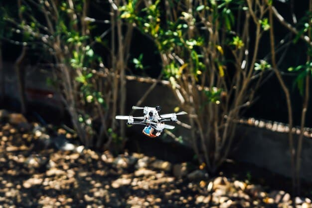 A robotic drone flying over a vineyard, capturing detailed images of the grapevines with its high-resolution camera. The background shows rolling hills and clear skies, highlighting the vastness of agricultural land being monitored.