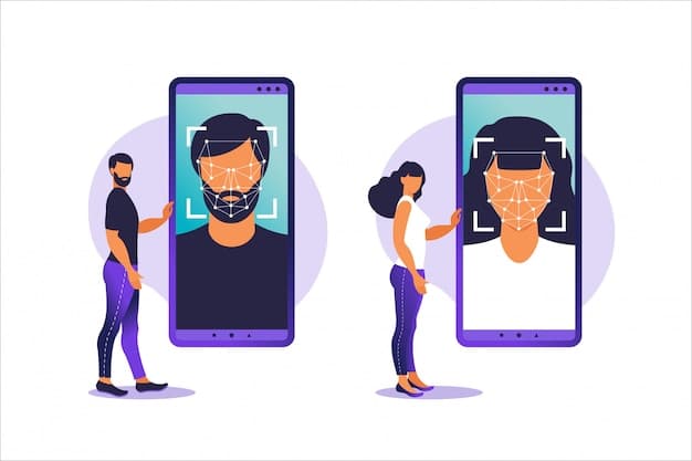 A split screen showing a person using facial recognition to unlock their phone on one side, and a fingerprint scanner being used to access a secure facility on the other, illustrating the widespread use of biometric authentication.