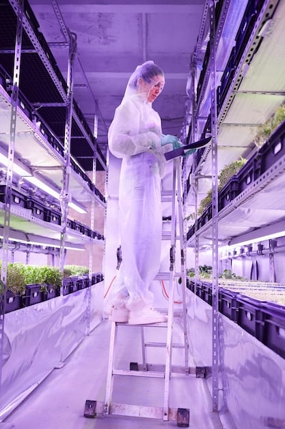 A futuristic illustration showing bioreactors in a clean, modern lab, with various types of lab-grown meat being cultivated.