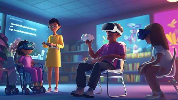 Students collaborating on a virtual project within a metaverse classroom. They are using avatars to represent themselves and are actively participating in a group discussion.