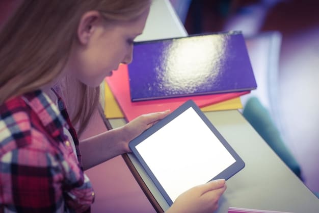 A close-up shot of a student using a tablet to complete a gamified math lesson. The tablet displays vibrant graphics and interactive challenges, with the student focused and engaged.