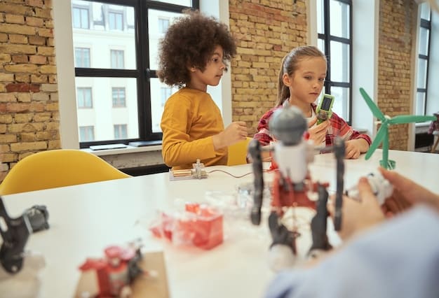 Students engaged in a project-based learning activity, designing and building a prototype in a maker space. The scene is dynamic and collaborative, with students sharing ideas and tools.