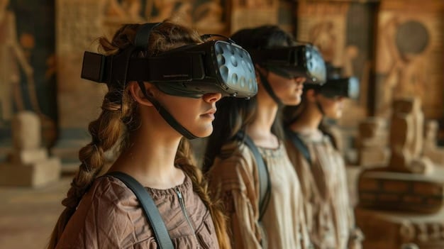 A student using a VR headset to explore a virtual historical site, such as ancient Rome. The VR display shows detailed recreations of buildings and landscapes. The student is using hand controllers to interact with the environment.