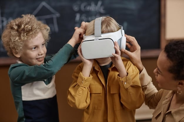 A teacher helping a student adjust their VR headset in a classroom. Other students are working at their desks in the background. The image emphasizes the interactive and collaborative nature of VR learning.