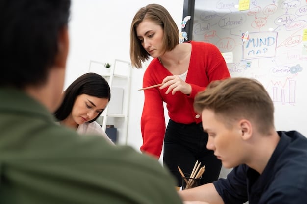 A teacher facilitating a design thinking workshop with their students. The students are actively participating, brainstorming ideas, and collaborating on prototypes. The teacher is providing guidance and support, fostering a creative and collaborative learning environment.