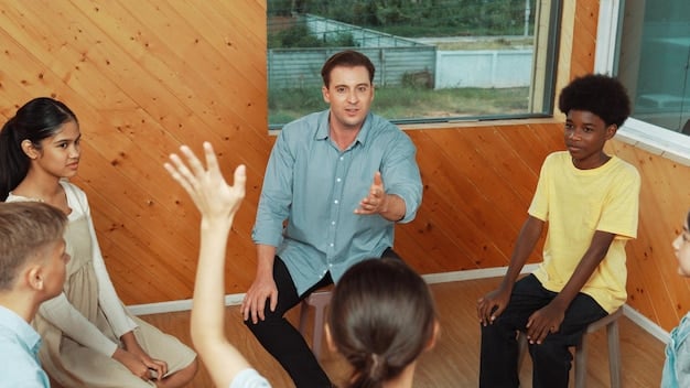 A teacher facilitating a classroom discussion, actively listening to students' perspectives and encouraging open communication and empathy among peers.