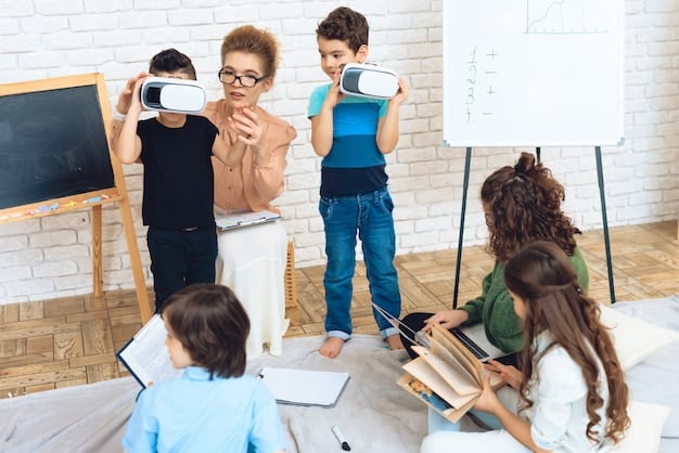 A teacher using a virtual reality headset to simulate a diverse classroom environment for training purposes, allowing them to practice inclusive teaching strategies.