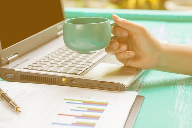 A person reviewing a budget spreadsheet on a laptop with a cup of coffee nearby. The spreadsheet shows income, expenses, and savings goals.