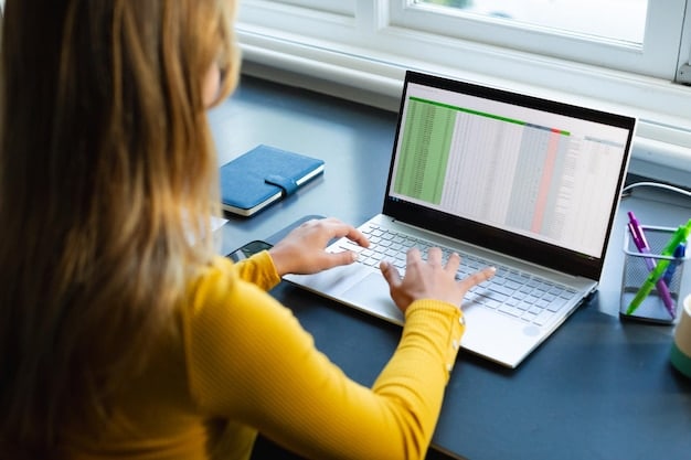 An image featuring a person using a laptop with a spreadsheet displayed on the screen, showing categories for expenses and savings. The person is highlighting the 