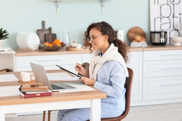 A person sitting comfortably at a desk in a brightly lit home office, participating in a video call while reviewing their benefits options on a tablet.