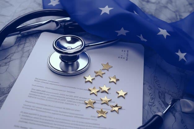 A close-up of a health insurance card with a stethoscope resting on top. The card displays the words 