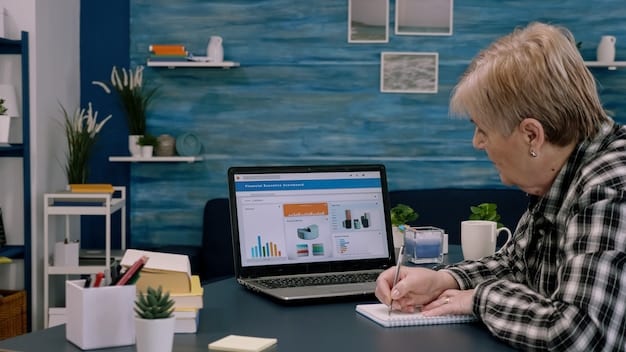 A person using a laptop to review their retirement plan options, with charts and graphs showing potential investment growth. The setting is a comfortable home office.