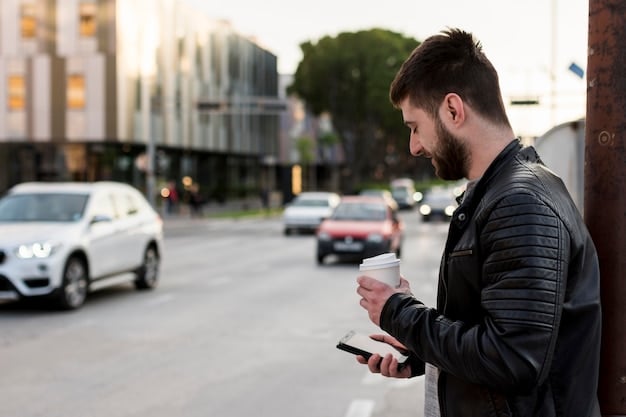 A person using a mobile app to pay for parking. The app interface is visible, showing payment confirmation and location details. The background is an urban street scene.